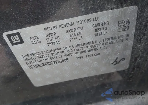 2016 Chevrolet Cruze Lt Auto from USA, damaged, VIN 1G1BE5SM0G7265406